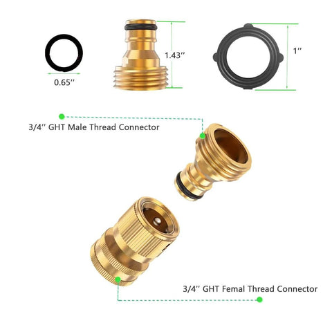 Solid Brass Garden Hose Quick Connectors Set Three Quarter Inch Thread Easy Connect No Leak Universal Fit For Hoses Faucets Pressure Washers And Watering Devices Six Piece Set with male and female thread connectors.