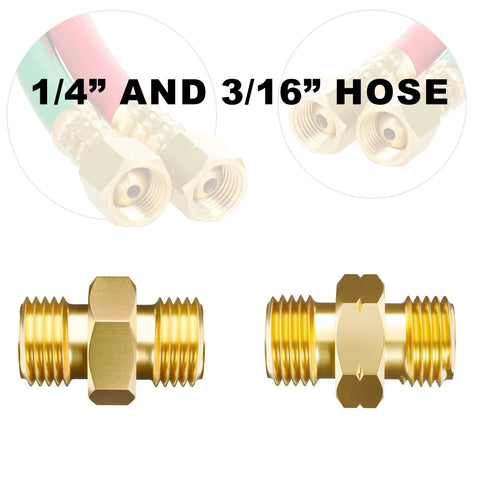 Brass welding hose coupler adapters with 9/16-18 LH & RH threads for oxygen acetylene twin hoses, set of 2.
