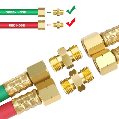 Brass welding hose coupler adapters set with 9/16-18 LH/RH threads; red and green oxygen acetylene hoses shown