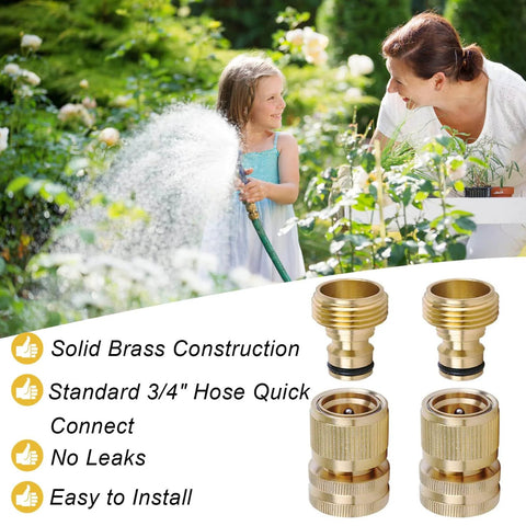 Brass Garden Hose Quick Connect Set 3/4 Inch GHT Thread No Leak Quick Connector Fittings with male and female adapters shown.