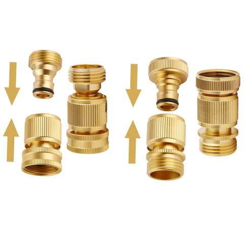 Solid Brass Garden Hose Quick Connect Kit Three Quarter Inch GHT Threads, Five Piece Set With Three Male And Two Female Connectors