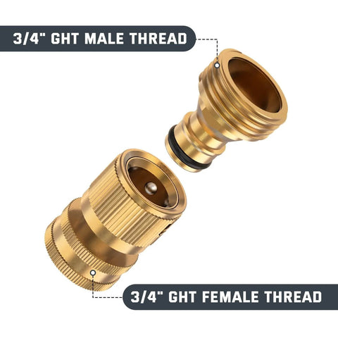 Solid Brass Garden Hose Quick Connect Set Three Quarter Inch GHT No Leak Fittings showing male and female connectors