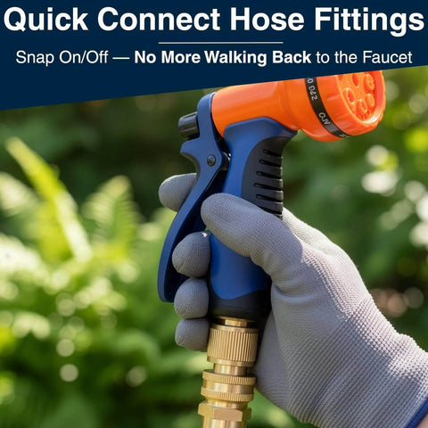 Heavy Duty Brass Hose Quick Connect Set With No Drip Rubber Washers For Three Quarter Inch Fittings Universal Quick Release Water Hose Adapters For Outdoor Use shown connected to garden hose nozzle.