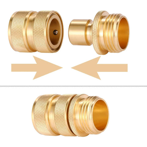 Brass Garden Hose Quick Connect Set Three Quarter Inch Male And Female Connectors Heavy Duty Fittings For Hoses Faucets And Pressure Washers Easy Hookup Fits All Standard Hoses Includes Two Pairs, showing connectors close-up