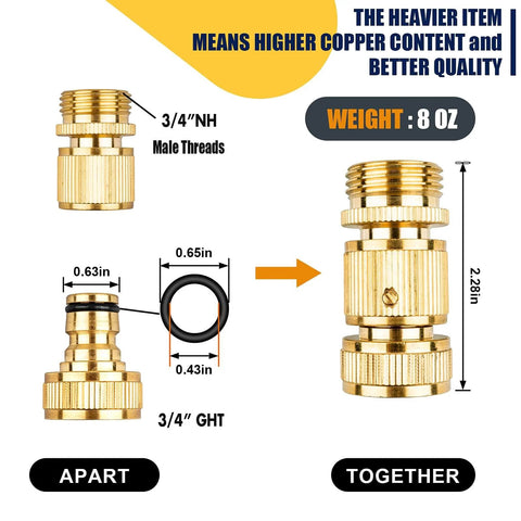 Durable Brass Garden Hose Quick Connect Fittings 3/4 GHT Quick Coupler showing male thread and assembly dimensions