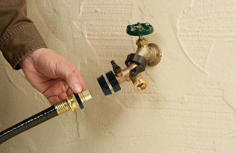 Heavy Duty Brass Hose Quick Connect Set With Male Adapter And Female Connector For Quick No Twist Attachments Weatherproof Garden Hose Fittings Save Time Switching Hose End Accessories In The Yard, connected to faucet