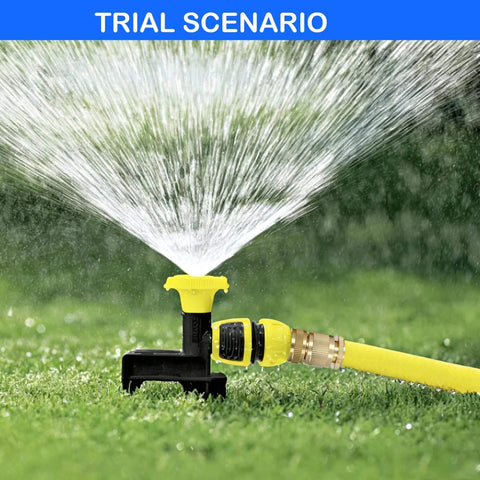Sprinkler with Solid Brass Garden Hose Quick Connect Set Three Quarter Inch GHT Thread No Leak Connectors in use on grass