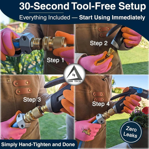 Four-step installation of Heavy Duty Brass Hose Quick Connect Set With No Drip Rubber Washers For Three Quarter Inch Fittings
