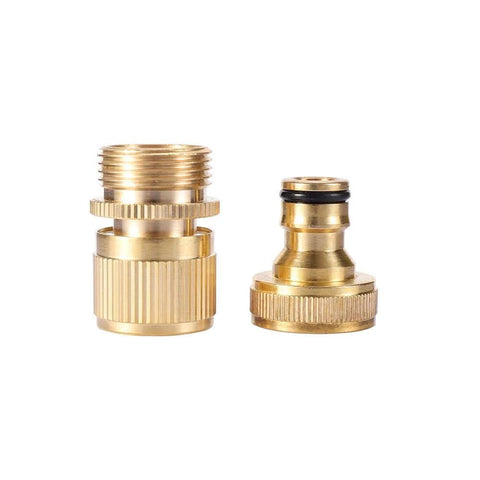 Heavy Duty Brass Garden Hose Quick Connector Set Three Quarters Inch GHT Easy Connect Fittings shown with male and female parts
