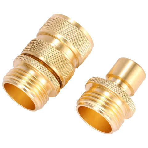 Brass Garden Hose Quick Connect Set Three Quarter Inch Male And Female Connectors Heavy Duty Fittings for hoses and faucets.