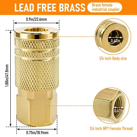 Diagram of 1/4 Inch Brass Female Industrial Air Coupler Quick Connect with dimensions and knurled sleeve.