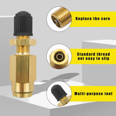2 Pack Brass Inflation Valves With Push To Connect For 1/4 Inch OD Air Line Tubing, showing valve details and features