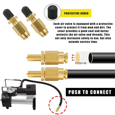2 Pack Brass Inflation Valves With Push To Connect For 1/4 Inch OD Air Line Tubing showing protective cover and connection diagram