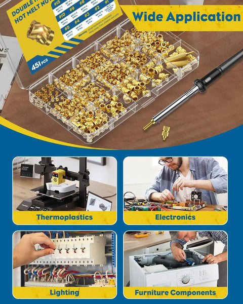 451-Piece Heat Set Threaded Inserts Kit For Plastic M2 Through M6 With Soldering Tip And Adapter, Brass Knurled Inserts For 3D Printing, Includes Heat, Ultrasonic, And Injection Install Options visible with wide application examples.