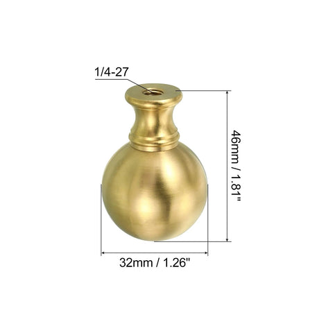 Brass Lamp Finial Ball Cap Knob With 1/4-27 Thread for Harp Top, shown with dimensions in brass finish for table and floor lamps.