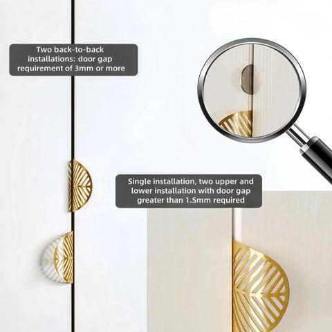 Leaf Shaped Cabinet Handles Set, Solid Brass With Brushed Gold Finish installed on cabinet doors with magnified hole view