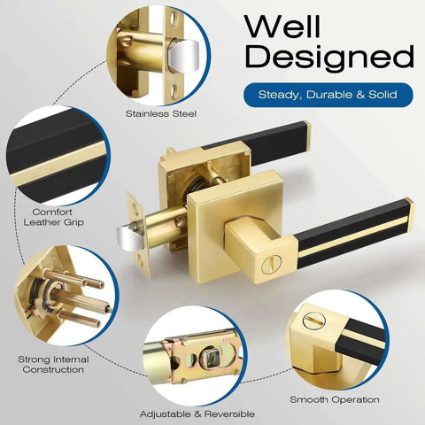Diagram of three pack brass door handles with black leather levers, highlighting key features like comfort grip and smooth operation.