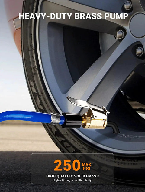 Brass Locking Tire Air Chuck Set For Twist On To Lock On Conversion attached to car tire for hands-free inflation