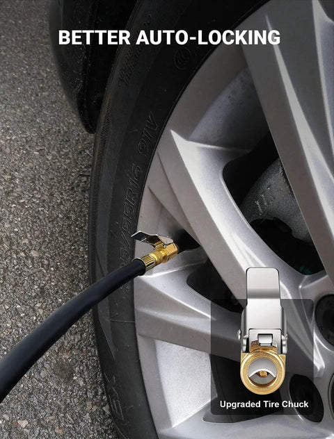 Brass Locking Tire Air Chuck Set For Twist On To Lock On Conversion attached to car tire, leakage-free hose adapter in use