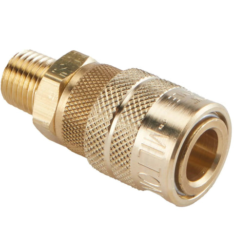 M-Style One Quarter Inch Male NPT Air Quick Connect Coupler for Industrial Use, brass fitting, side view