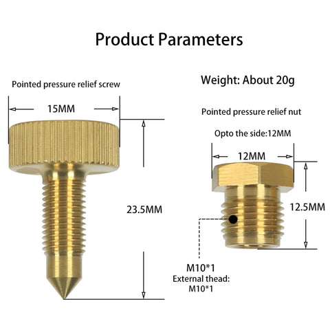 Two brass PCP airsoft air bleed valves (2 pcs), M10x1 threads; left: knurled 15mm knob, right: 12mm hex-end adapter