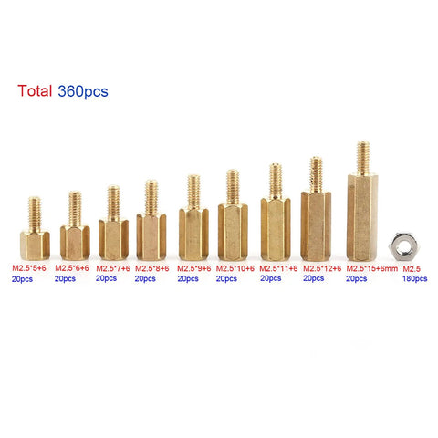 360 Piece Brass M2.5 Hex Threaded Standoff Set For PCBs And Machinery Male Female Spacer Pillars Nine Lengths