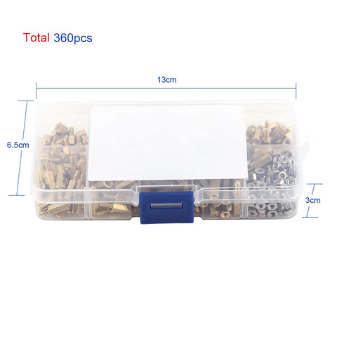360 Piece Brass M2.5 Hex Threaded Standoff Set For PCBs And Machinery in plastic box with nine lengths, rust resistant