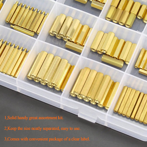 Brass M2 M2.5 M3 Spacers And Standoffs Kit With Screws Nuts And Tweezers 420 Pieces in transparent organizer box