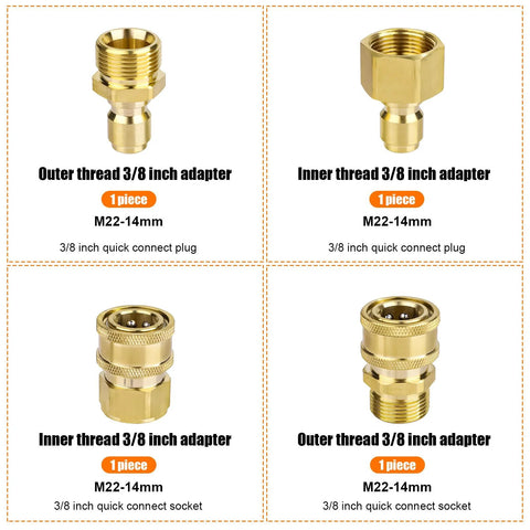 Brass M22-14mm to 3/8in pressure washer adapter set, 4 pieces with outer and inner thread quick-connect fittings.