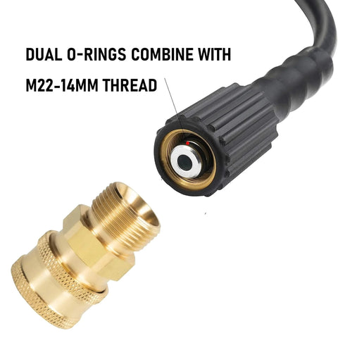 Pressure washer quick-connect kit: brass M22-14mm to 3/8 inch adapter with dual O-rings and black connector.