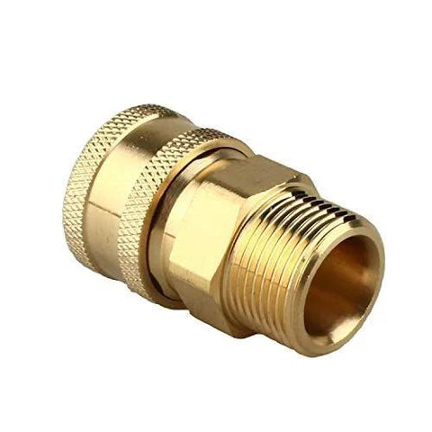 Brass pressure washer adapter with M22-15mm male thread and 3/8-inch quick-connect.