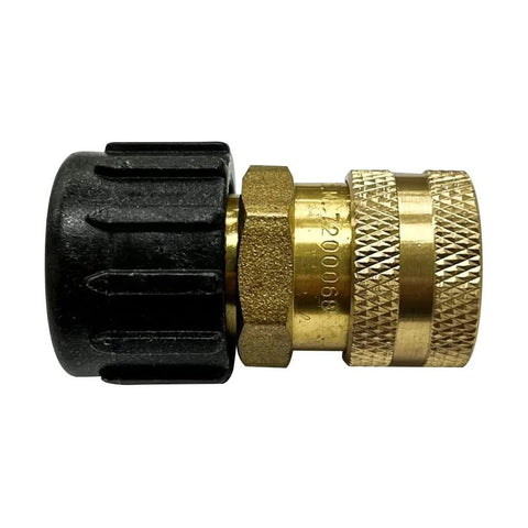Brass replacement QC socket for pressure washer pumps, female M22, gold with black plastic end.