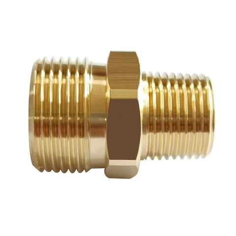 Brass pressure washer coupling adapter with hex nut, M22-14mm male to 3/8 in NPT male threads