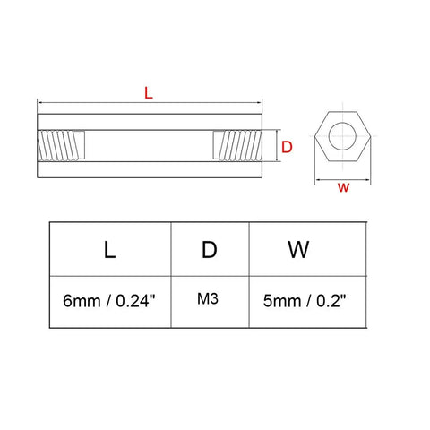 Technical drawing of Brass Hex Standoff Spacer M3 Female Thread, 5mm Hex Width, 6mm Pillar Length for PCBs and electronics use.