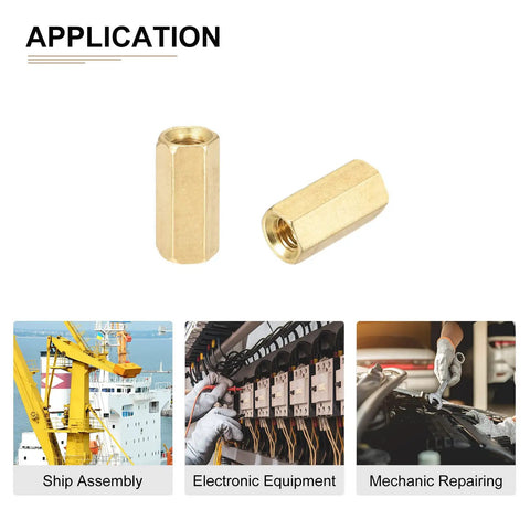 Brass M4 Hex Standoff Spacers 12mm Long 6mm Hex Width 25 Pack for electronics and machinery, shown with application examples.