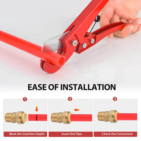 Two Pack Three Quarter Inch Push To Connect Male Adapters For Copper PEX CPVC And PE-RT Pipes With Disconnect Clip Lead Free Brass No Tools Or Soldering 200 PSI 200 Degree F For Potable Water And Hydronic Heating Installations installation guide with steps for connecting red pipe using hand tool.