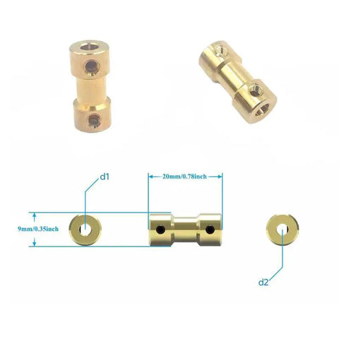 Brass motor shaft couplings 3 to 5 mm, 12 pack, showcasing dimensions, suitable for RC models, M3 threads, 20mm length, 9mm diameter.