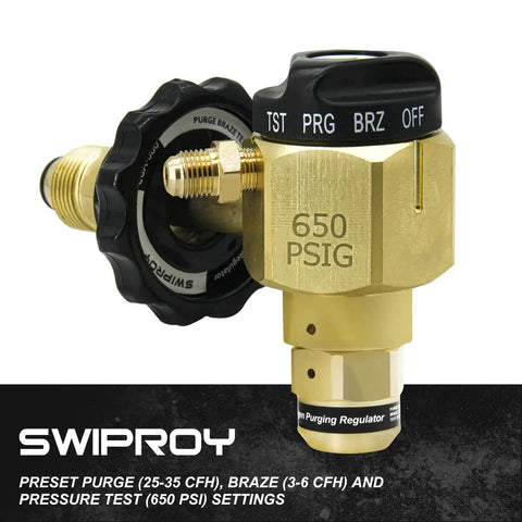 VN-650 Flowmeter Nitrogen Purging Regulator From SWIPROY, brass unit with flare outlet, preset purge, braze, and 650 PSI test settings.