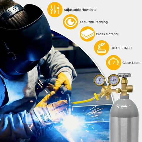 Welder using durable nitrogen regulator with five foot hose and zero to six hundred PSI delivery pressure for HVAC systems brass tank gauge CGA580 inlet