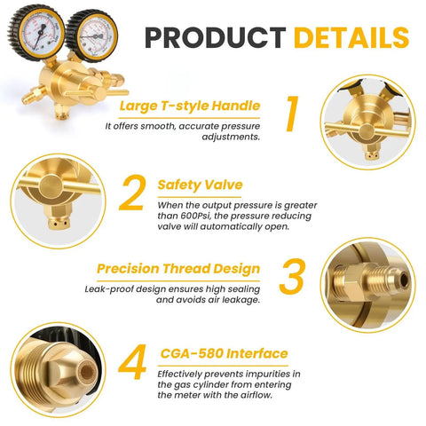 Diagram highlighting features of Durable Nitrogen Regulator With Five Foot Hose And Zero To Six Hundred PSI Delivery Pressure For HVAC Systems Brass Nitrogen Tank Gauge CGA580 Inlet One Quarter Inch Male Flare Fitting Leak Proof High Pressure Regulator With Large T Style Handle.