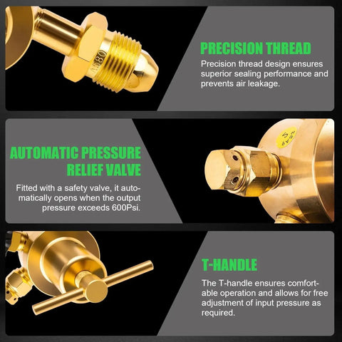 Close-up features of Nitrogen Regulator For HVAC Pressure Testing With 0 to 800 PSI Delivery And 1 Quarter Inch Male Flare Outlet, 78.7 Inch Hose, Brass CGA580 Inlet
