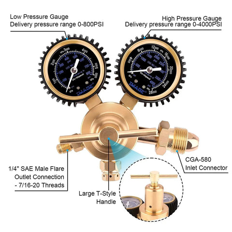 High Performance Nitrogen Regulator With 0-800 PSI Delivery For HVAC Purging Brazing And Soldering, Brass Construction, CGA 580 Inlet