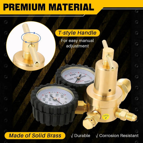 Premium Nitrogen Gas Regulator With Dual Gauges For HVAC Purging, brass construction, showing T-style handle for adjustment.