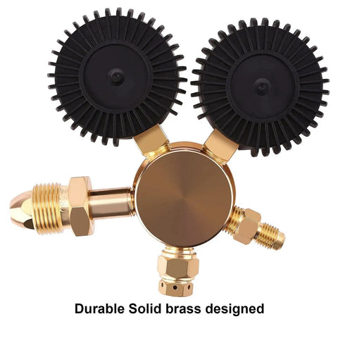 High Performance Nitrogen Regulator With 0-800 PSI Delivery For HVAC Purging Brazing And Soldering, Brass Construction, dual gauges view.