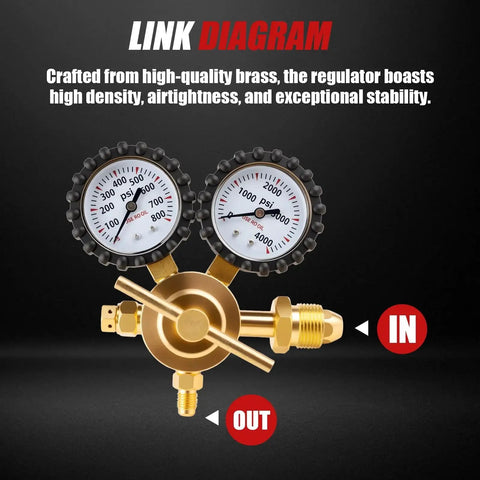 Nitrogen Regulator For HVAC Pressure Testing With 0 to 800 PSI Delivery And 1 Quarter Inch Male Flare Outlet, 78.7 Inch Hose, Brass CGA580 Inlet