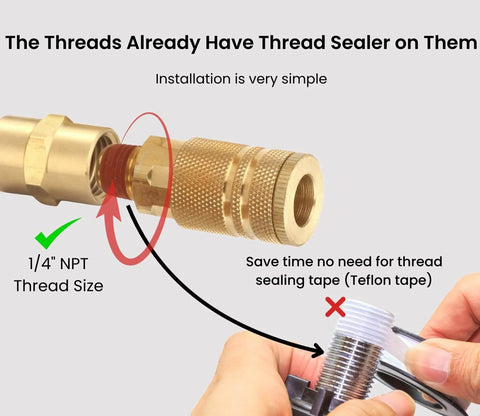 1/4 Inch Brass Male Industrial Coupler 12 Pack Air Hose Fittings NPT Quick Connector With Sealant shown with installed view