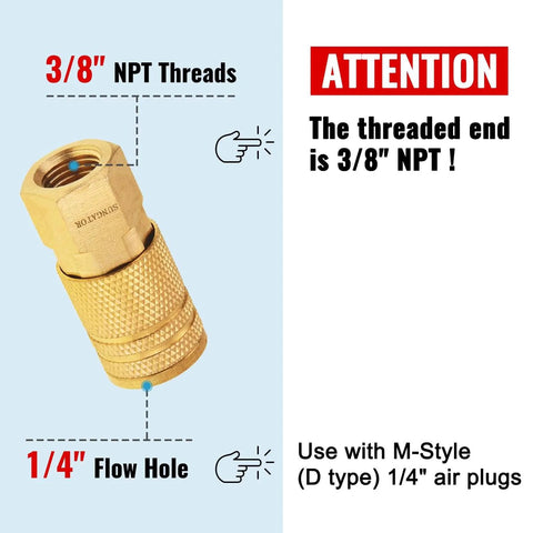2 Pack 3/8 Inch Female NPT Air Hose Fittings Brass 3/8 FNPT To 1/4 Flow Hole M-Style Pneumatic Quick Connect Couplers