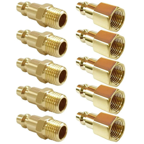 10 Pack One Quarter Inch NPT Male And Female Industrial Air Hose Quick Connect Plug Brass Finish Heavy Duty Workhorse For Air Compressors Pneumatic Coupler Fitting Adapter Built For Fast Mess Free Quick Connect