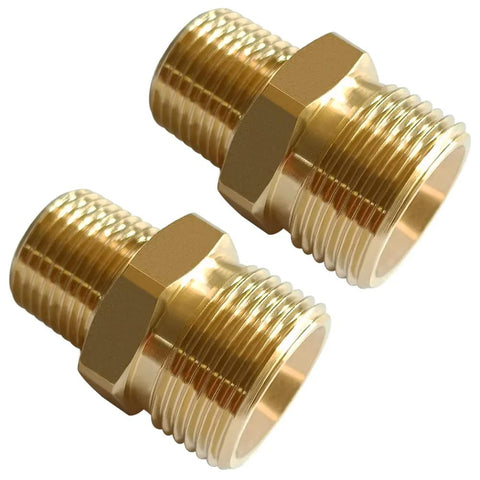 Two brass pressure washer couplers with M22-14mm male and 3/8 in NPT male threads, hex nut bodies
