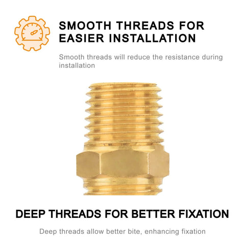 Brass 1/4 inch male pipe nipple with hex body, double-ended threaded plumbing fitting